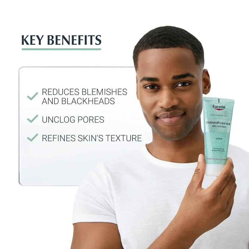 Eucerin scrub with lactic acid and micro particles for refining and unclogging pores.