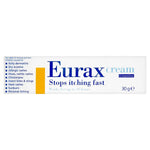 White box of Eurax 30g cream, stops itching fast for various skin irritations.