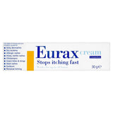 White box of Eurax 30g cream, stops itching fast for various skin irritations.