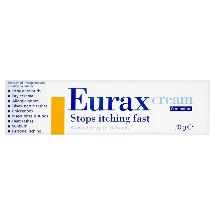 White box of Eurax 30g cream, stops itching fast for various skin irritations.