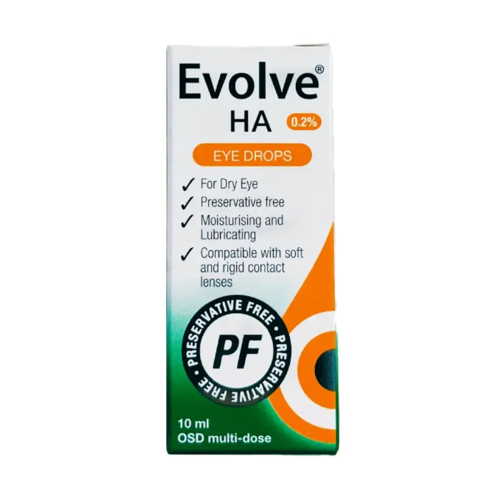 A 10 ml box of Evolve HA 0.2% Eye Drops, featuring a white box with green and orange accents, black text, and a PF (preservative free) seal.