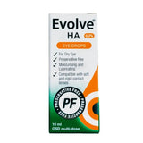 A 10 ml box of Evolve HA 0.2% Eye Drops, featuring a white box with green and orange accents, black text, and a PF (preservative free) seal.