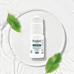A 10ml bottle of Evolve Passive cooling essential oil on a white circular plate with water ripples, accented by two green leaves.