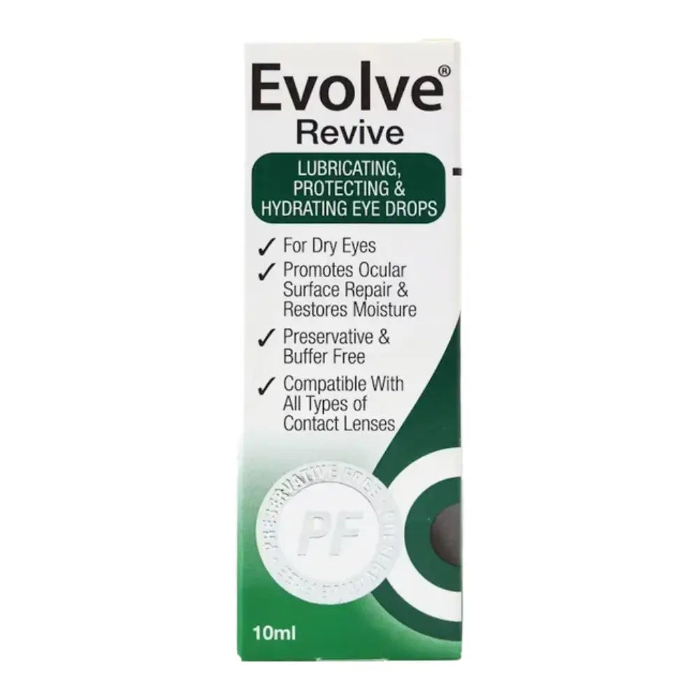 A 10ml box of Evolve Revive Lubricating, Protecting & Hydrating Eye Drops, featuring a white and green design with product details and a contact lens graphic.