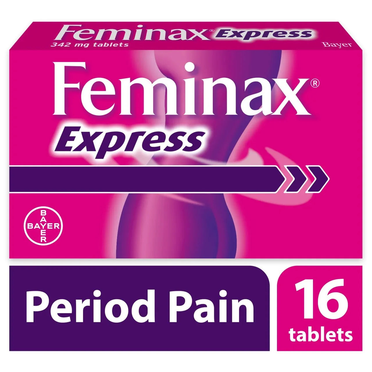 Feminax Express period pain relief tablets packaging on a white background