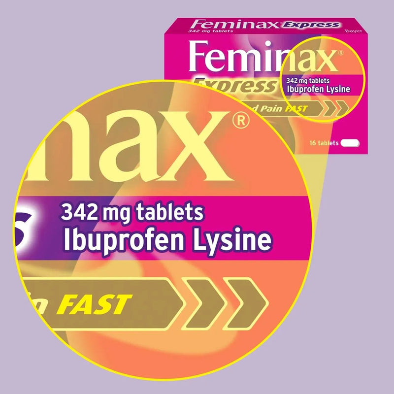 Feminax Express packaging with Ibuprofen Lysine on a purple background