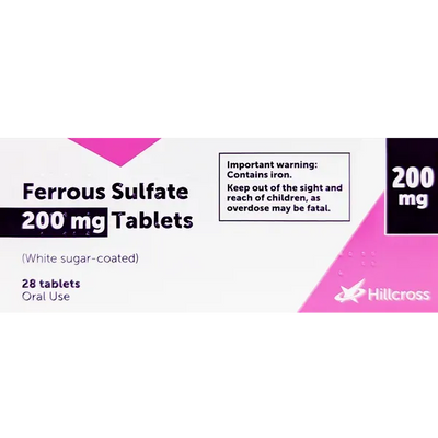Ferrous sulfate 200 mg tablets box with branding and warning label indicating iron supplement for oral use, 28 tablets packaging.