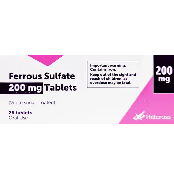 Ferrous sulfate 200 mg tablets box with branding and warning label indicating iron supplement for oral use, 28 tablets packaging.