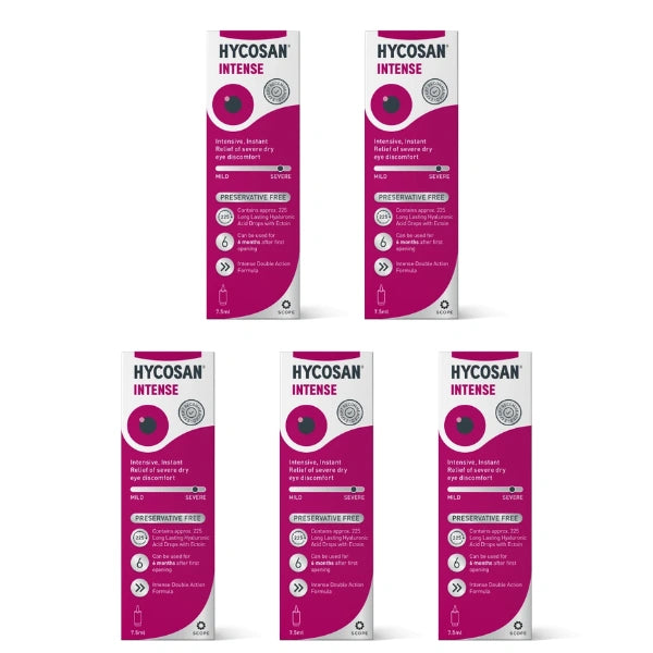 Five boxes of Hycosan Intense antifungal treatment arranged in two rows on a plain white background.