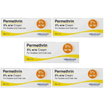 Five boxes of Morningside Healthcare Permethrin 5% w/w Cream for Scabies and Crab Lice arranged on a plain white background.