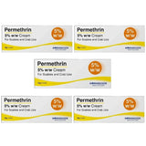 Five boxes of Morningside Healthcare Permethrin 5% w/w Cream for Scabies and Crab Lice arranged on a plain white background.