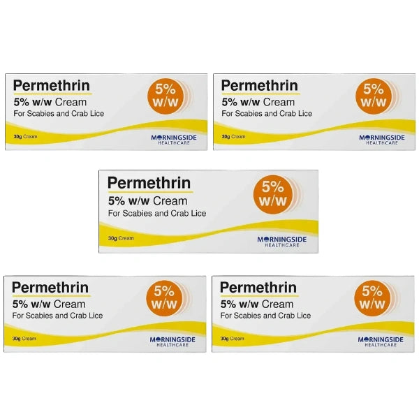 Five boxes of Morningside Healthcare Permethrin 5% w/w Cream for Scabies and Crab Lice arranged on a plain white background.