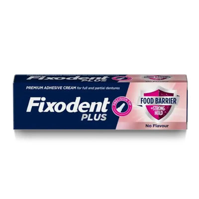 Fixodent Plus adhesive cream packaging on a white background