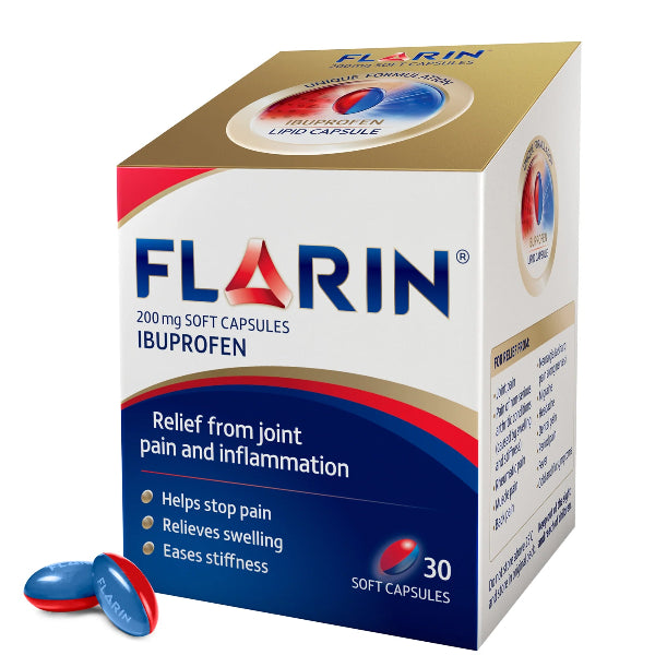 Flarin 200mg Lipid Ibuprofen (30 Soft Capsules) – Advanced ibuprofen formula for joint pain, swelling, and stiffness.