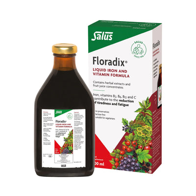 Salus Floradix liquid iron and vitamin formula bottle and packaging on a white background