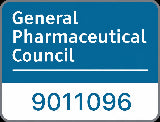 A blue and white identification card or label with the text 'General Pharmaceutical Council' in white on a blue background, and the number '9011096' in blue on the white lower section.