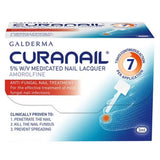 A box of Galderma Curanail 5% W/V medicated nail lacquer, featuring blue and white packaging with red accents and an illustration of a nail treatment applicator.