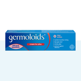 A box of Germoloids Cream for Piles, featuring a blue and white design with red accents, on a light blue background.