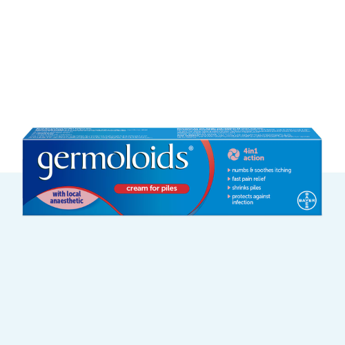 A box of Germoloids Cream for Piles, featuring a blue and white design with red accents, on a light blue background.