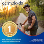 Man with bicycle on a path with 'Germoloids' branding and product claim text.