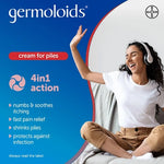 Promotional graphic for Bayer Germoloids cream for piles, featuring a woman sitting on a couch wearing white headphones and smiling, alongside product benefits on a blue background.