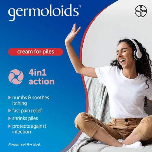 Promotional graphic for Bayer Germoloids cream for piles, featuring a woman sitting on a couch wearing white headphones and smiling, alongside product benefits on a blue background.