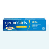 A 25ml box of Germoloids Ointment for Piles, featuring a blue and yellow design with white text, shown against a light blue gradient background.