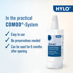 HYLO eye gel bottle with product features on a light blue background