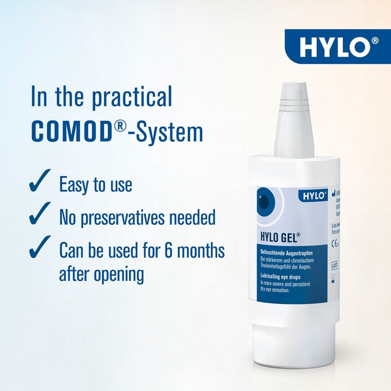 HYLO eye gel bottle with product features on a light blue background