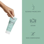 Hand holding Eucerin scrub with icons highlighting its benefits: non-comedogenic and scrub.