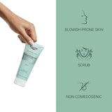 Hand holding Eucerin scrub with icons highlighting its benefits: non-comedogenic and scrub.