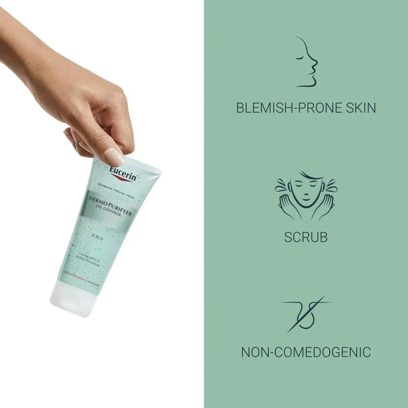 Hand holding Eucerin scrub with icons highlighting its benefits: non-comedogenic and scrub.