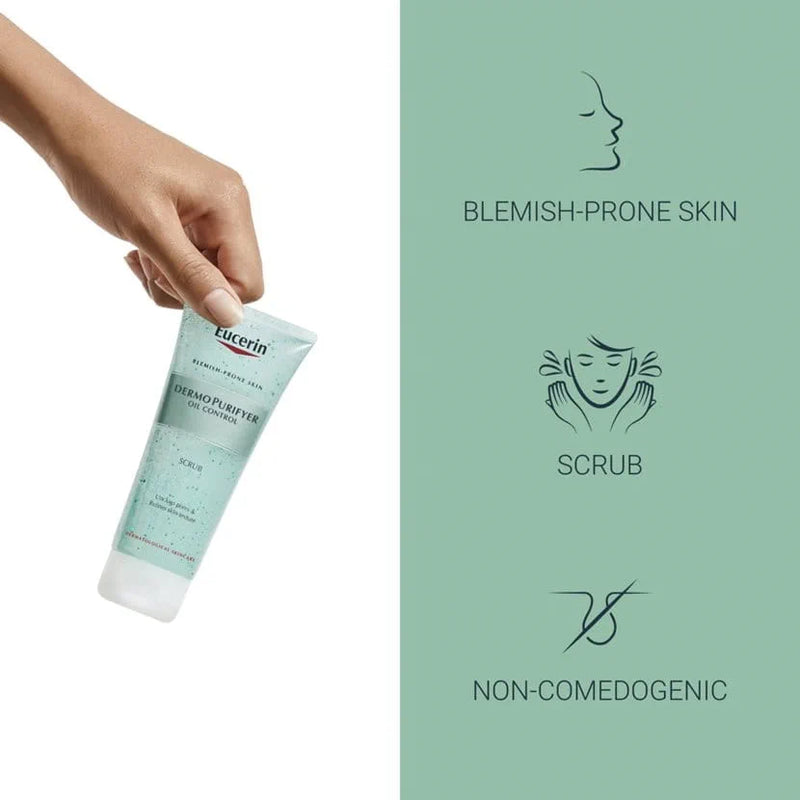 Hand holding Eucerin scrub with icons highlighting its benefits: non-comedogenic and scrub.