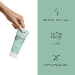 Hand holding Eucerin scrub with icons highlighting its benefits: non-comedogenic and scrub.