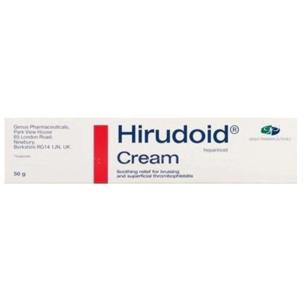 A 50g white cardboard tube of Hirudoid Cream, featuring a prominent red vertical stripe on the left and blue text for the brand name and product type.