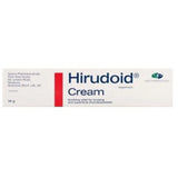A 50g white cardboard tube of Hirudoid Cream, featuring a prominent red vertical stripe on the left and blue text for the brand name and product type.