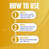 Instruction graphic titled 'HOW TO USE' with three numbered steps on a yellow gradient background: open and wrap the wipe over the finger, wipe across the eyelid with a fresh wipe for each eye, and discard the biodegradable wipe after use.