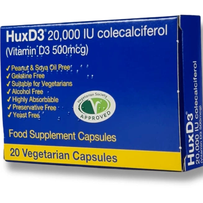 Box of HuxD3 Capsules 20000IU Colecalciferol Vitamin D3 (500mcg) 20 Capsules
 on a white background