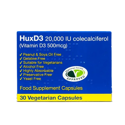 HuxD3 Capsules 20000IU Colecalciferol Vitamin D3 (500mcg) 30 Capsules
