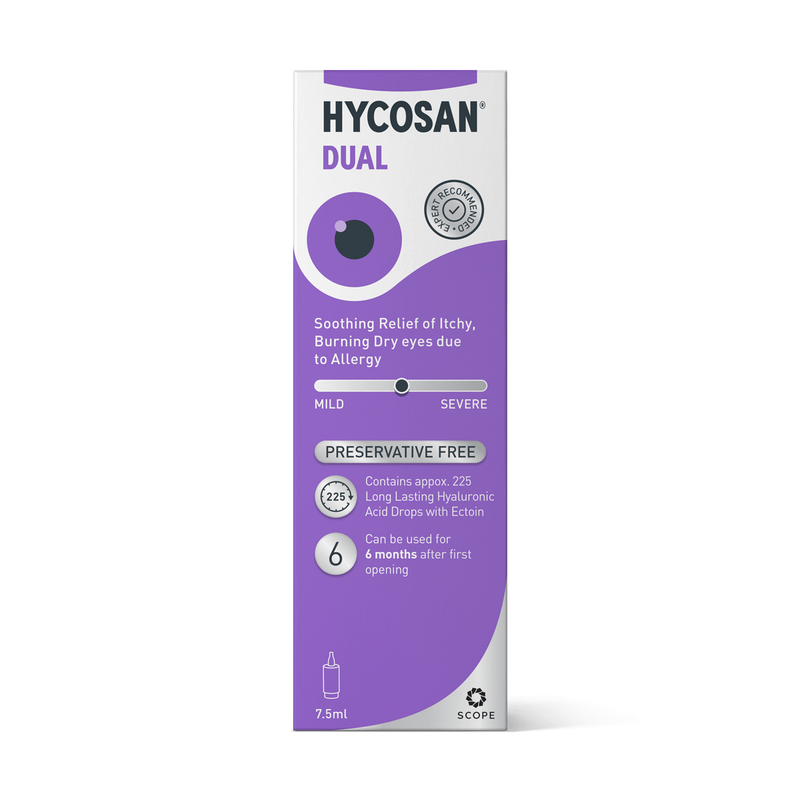 Hycosan Dual Eye Drops 7.5ml packaging on a white background