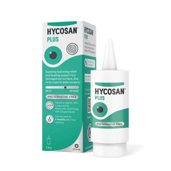 Hycosan Plus eye drop packaging on a white background