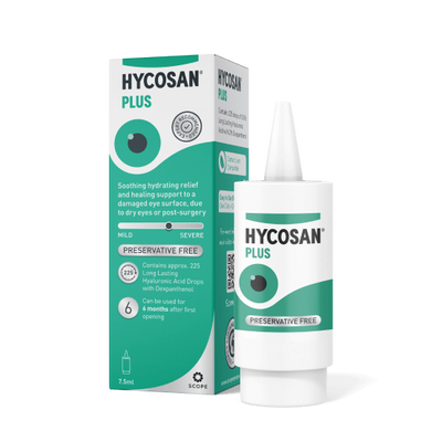 Hycosan Plus eye drop packaging on a white background