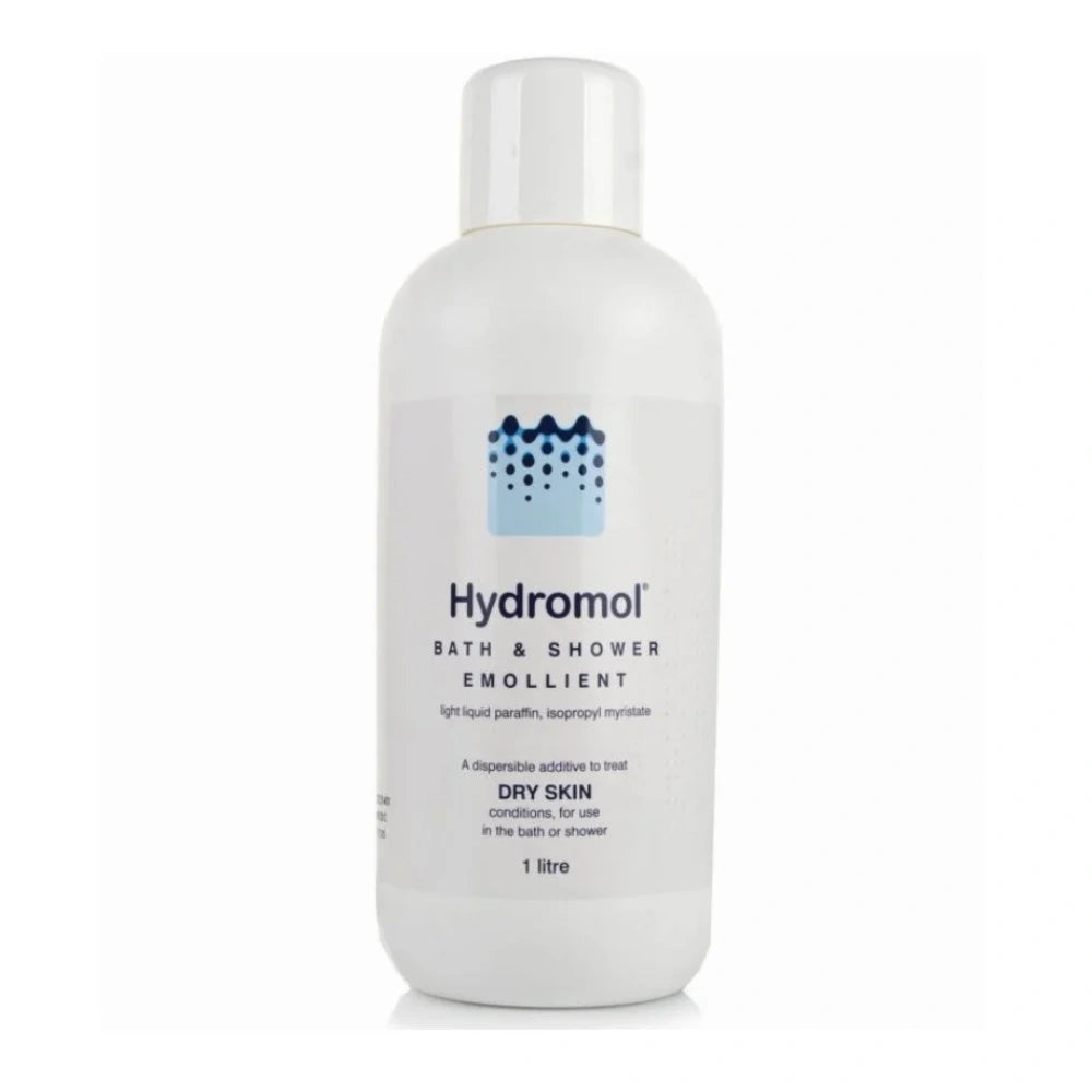A 1 litre white plastic bottle of Hydromol Bath & Shower Emollient on a clean white background.
