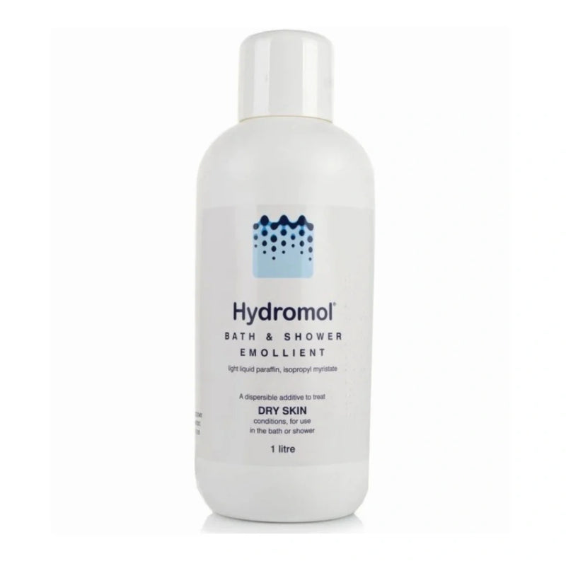 A 1 litre white plastic bottle of Hydromol Bath & Shower Emollient on a clean white background.