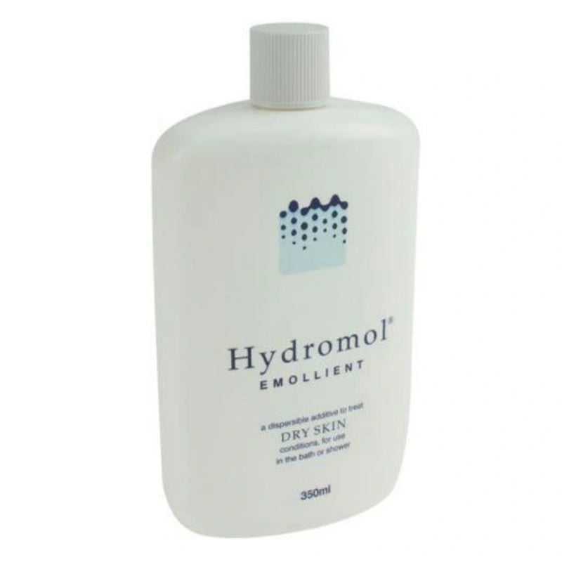 A 350ml white plastic bottle of Hydromol Emollient dry skin conditioner with a ribbed white cap, shown on a plain white background.