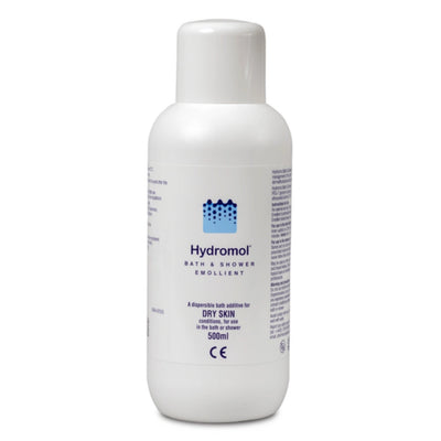 A 500ml white plastic bottle of Hydromol Bath & Shower Emollient with a white cap, featuring a blue logo and black text on the front label, set against a plain white background.
