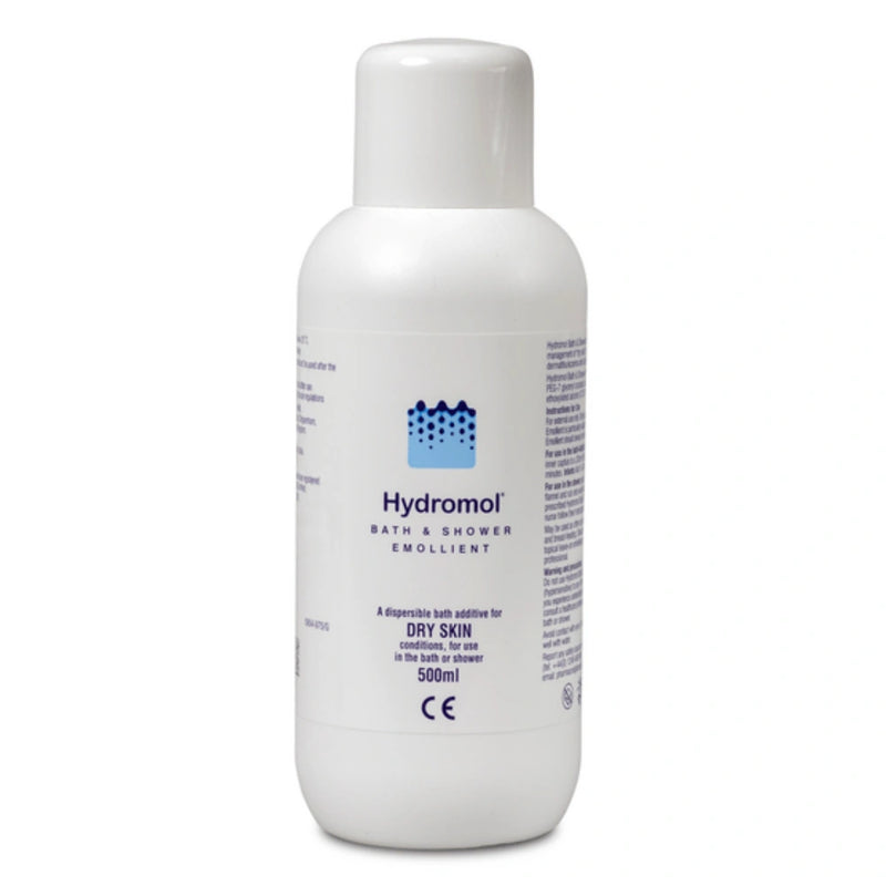 A 500ml white plastic bottle of Hydromol Bath & Shower Emollient with a white cap, featuring a blue logo and black text on the front label, set against a plain white background.