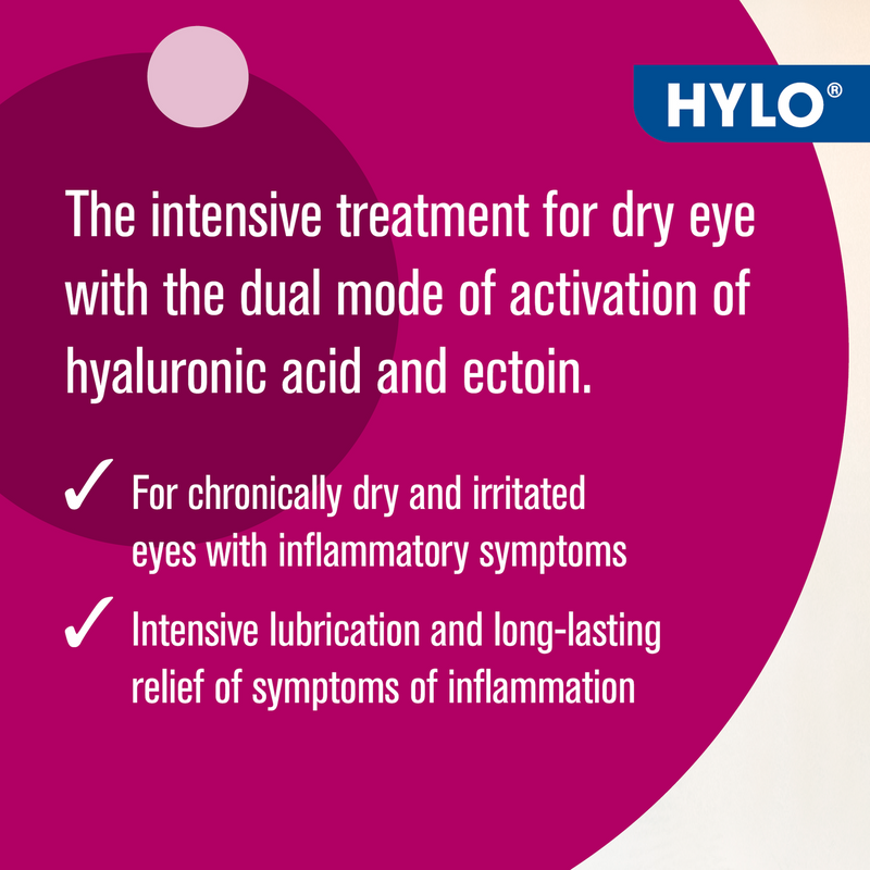 Promotional text for Hylo Dual Intense Eye Drops treatment for dry eyes on a magenta background