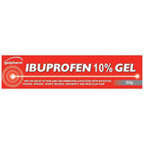 IBUPROFEN 10% GEL packaging with red and white design on a white background