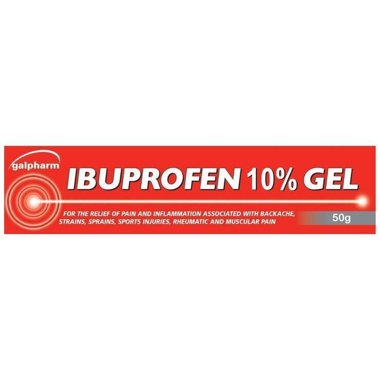 IBUPROFEN 10% GEL packaging with red and white design on a white background